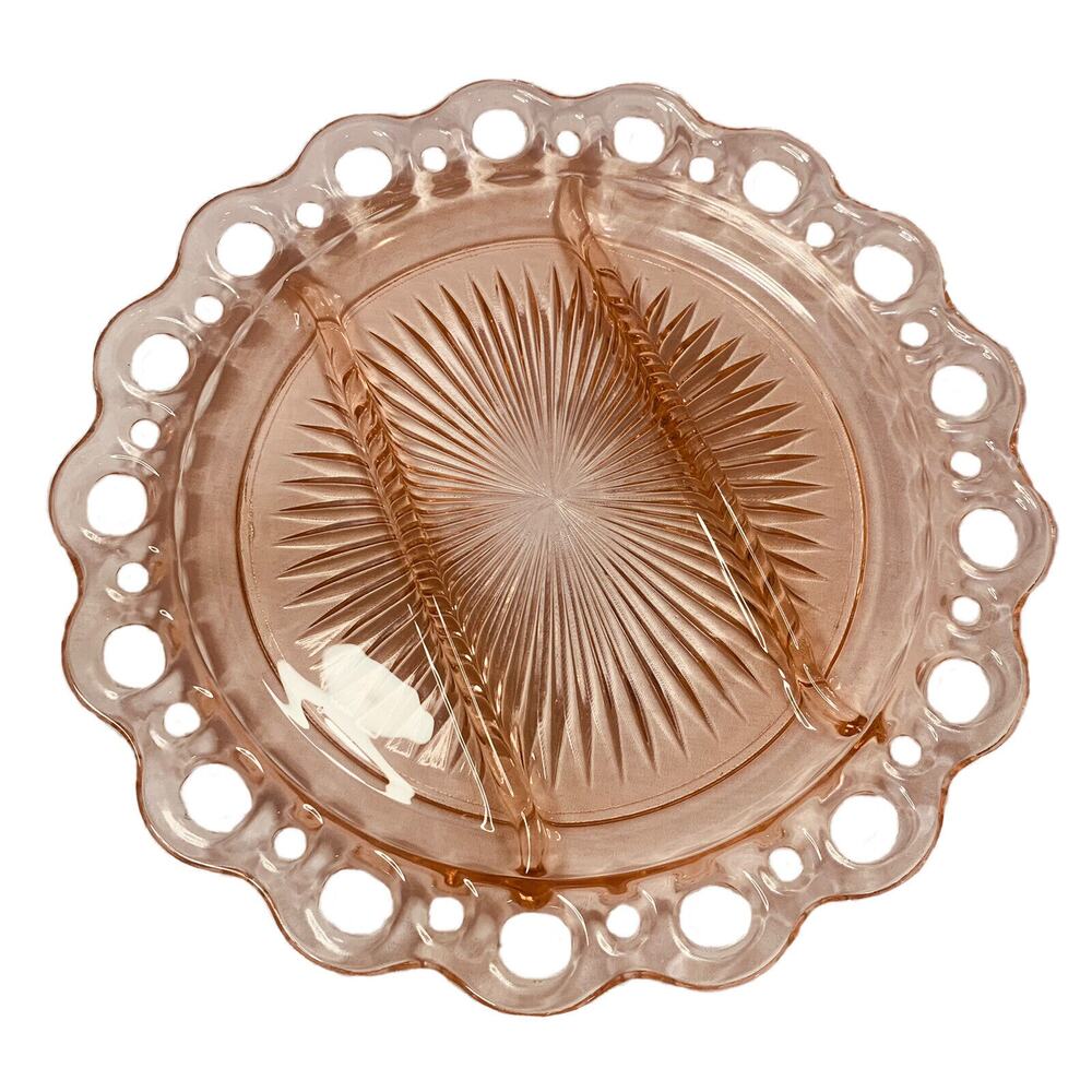 Anchor Hocking Pink Depression Glass Plate 10.5" Old Colony Lace Edge Relish
